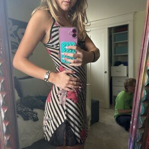 Striped Floral Lace Trim Dress